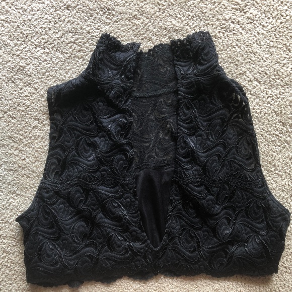 BEBE Mock Turtle Black Lace Cropped Top Open Back - Picture 3 of 6